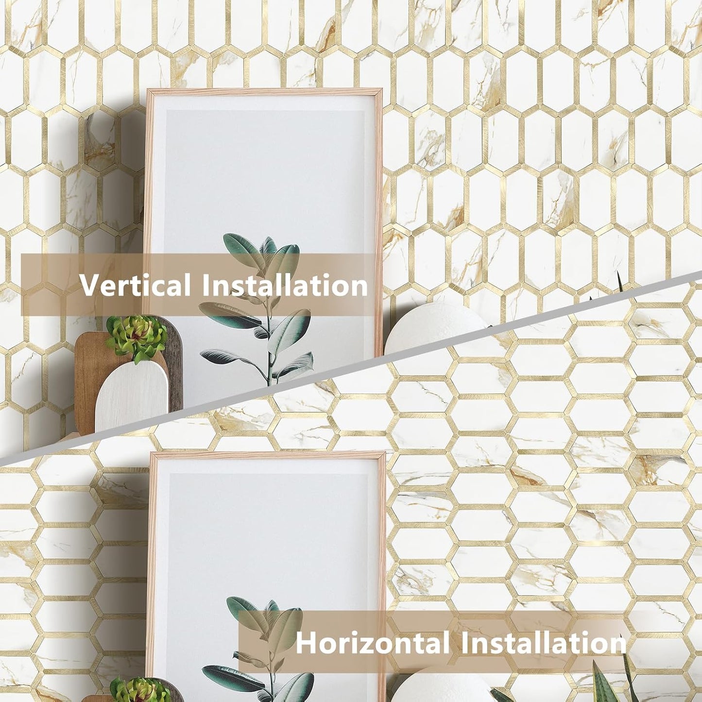 Vamos Tile Long Hexagon Peel and Stick Backsplash Tile - 10 Sheets Stick on Backsplash for Kitchen and Bathroom 12.4 x 12 Inch Glossy Wood Grain PVC Self Adhesive Mosaic Wall Tiles
