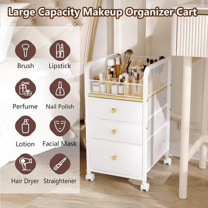 Rolling Makeup Organizer Cart with 3 Drawers, Under Desk Vanity Makeup Storage Cart, Bathroom Storage Cart Cosmetic Display Cases Cabinet for Nail Polish, Brushes & Hair Tools, Gold