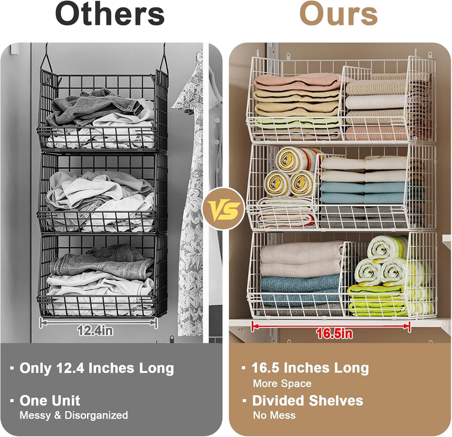 Jautokerdar 4 Tier Hanging Closet Organizer with Dividers,Extra Large Storage Hanging Shelf with 5 S Hooks 4 Dividers,Hang on Wire Closet Shelving Clothes Organizer-Black