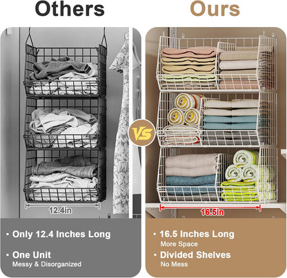 Jautokerdar 4 Tier Hanging Closet Organizer with Dividers,Extra Large Storage Hanging Shelf with 5 S Hooks 4 Dividers,Hang on Wire Closet Shelving Clothes Organizer-Black