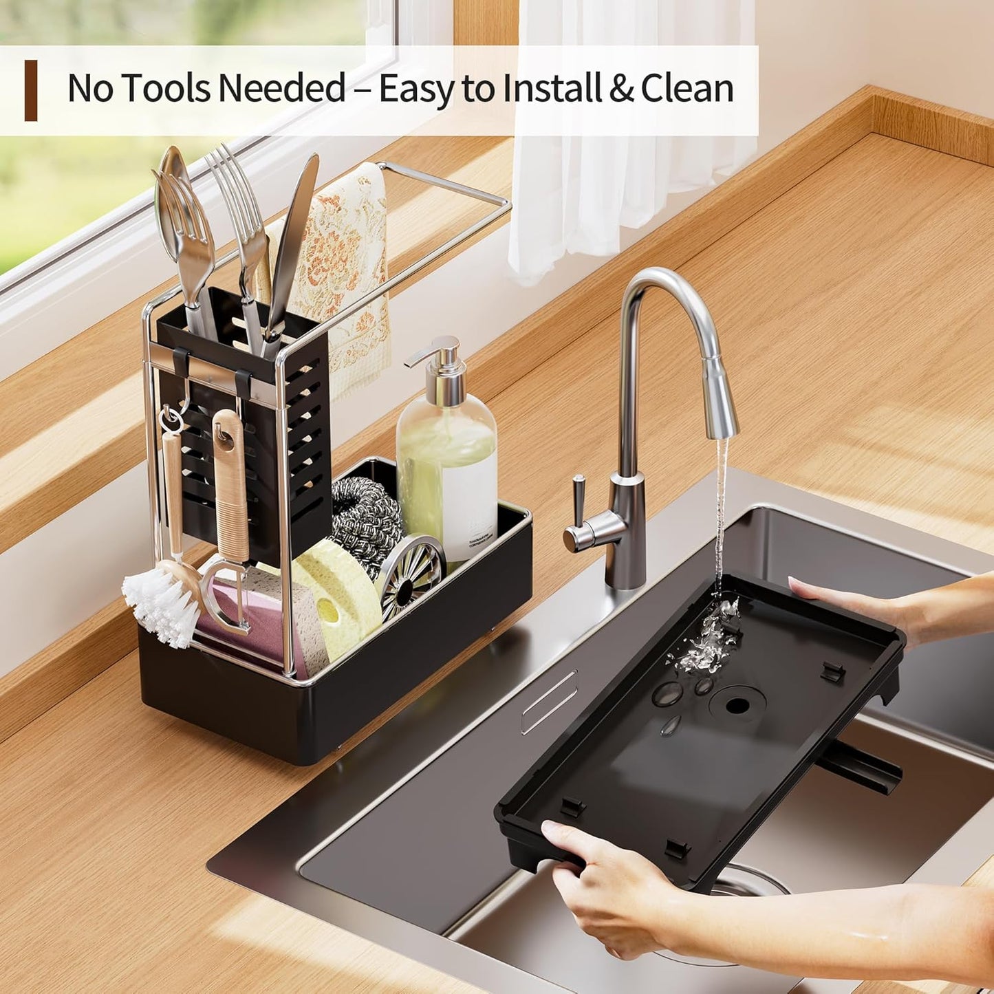MOUKABAL Sponge Holder for Kitchen Sink – Rustproof Stainless Steel, 360° Rotating Drain Pipe, Large Counter Organizer with Drip Tray for Sponges, Brushes & Dish Cloths Black