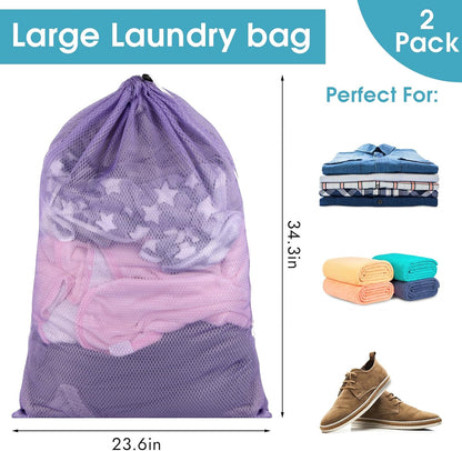 2 Pack Mesh Laundry Bags, 23 x 34 Inches Heavy Duty Mesh Laundry Bag, Large Laundry Drawstring Bag for College, Dorm, Travel, Family and Apartment Dwellers, Black
