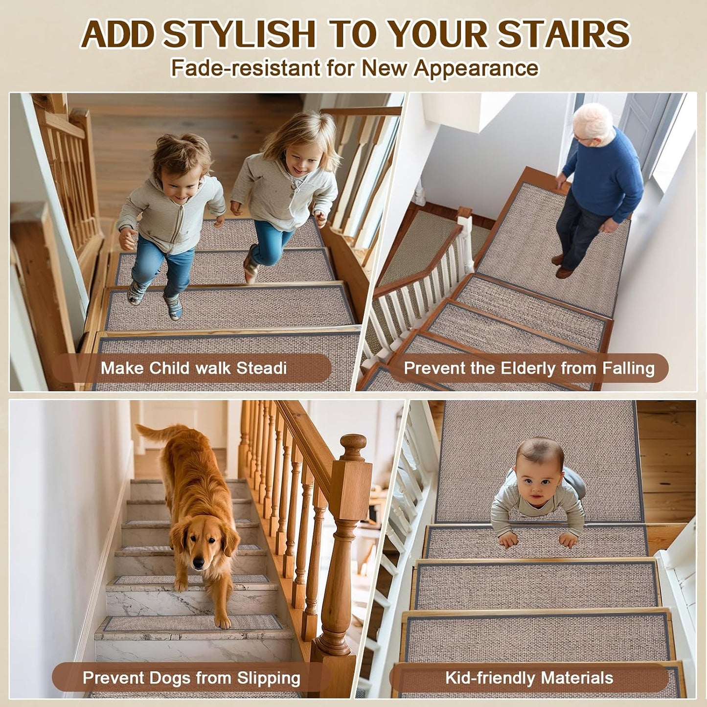 Stair Treads Non Slip, Rubber Backing Stair Treads for Wooden Steps, 15 PCS Thicken Linen Carpet Stair Runners Indoor for Kids Elders and Pets, No Residue Stair Carpet Treads, 8"x30", Beige