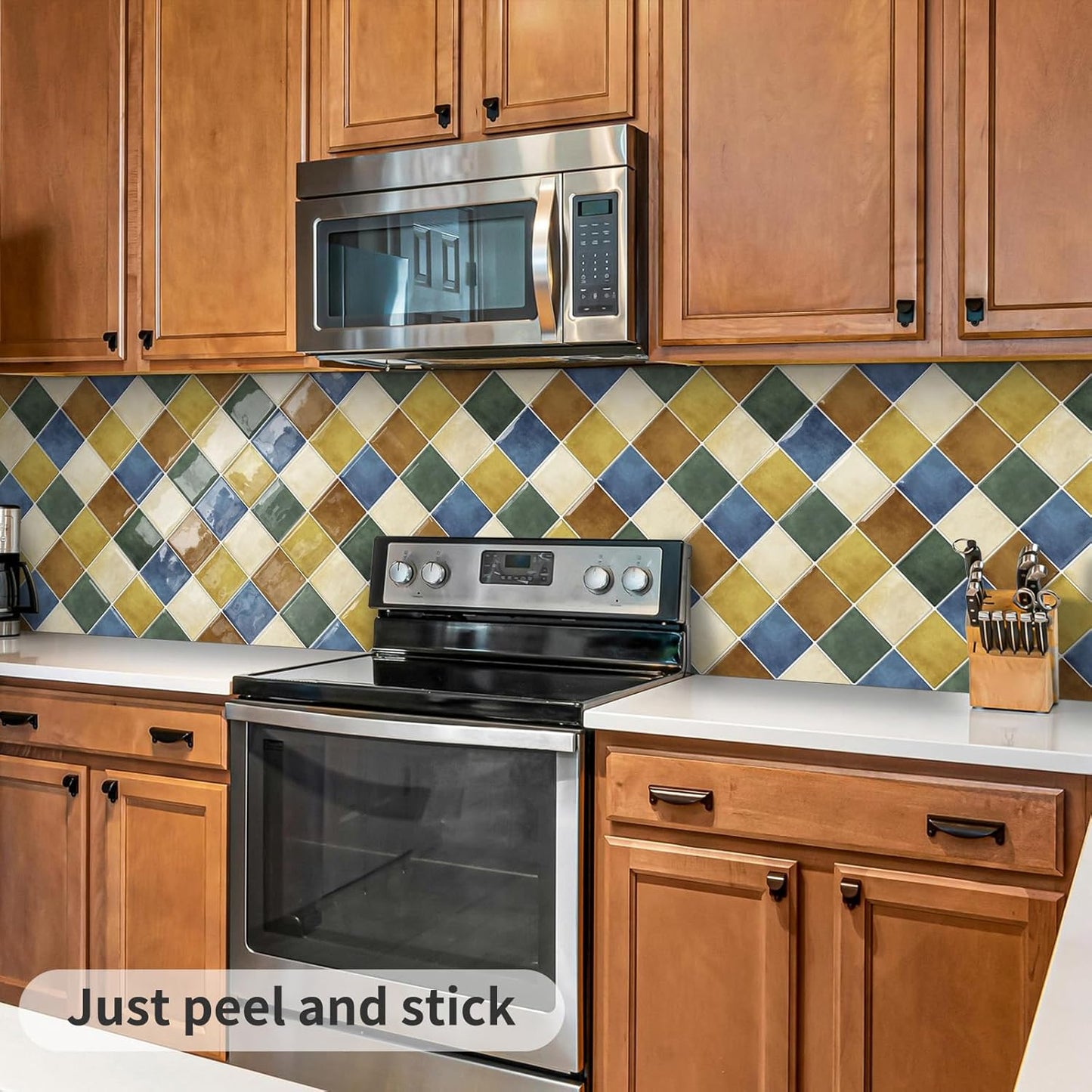 DEWOO Colorful Peel and Stick Backsplash Tiles Kitchen Bathroom Square Self Adhesive Wall Tile Checkered Stickers,Multicolor (10-Sheet, 12"×12")