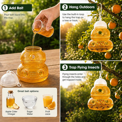 2 Pack Outdoor Hanging Wasp Trap with 6 Large Entry Holes & Multi-Vent Scent Diffusion Design, Reusable Hornet & Yellow Jacket Trap