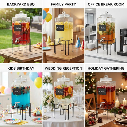 1.5 Gallon Glass Drink Dispenser, Drink Dispensers for Parties, Beverage Dispenser with Stand and Glass Lid, 100% Leakproof Spigot, Ideal for Lemonade, Juice, Iced Tea, Laundry Detergent