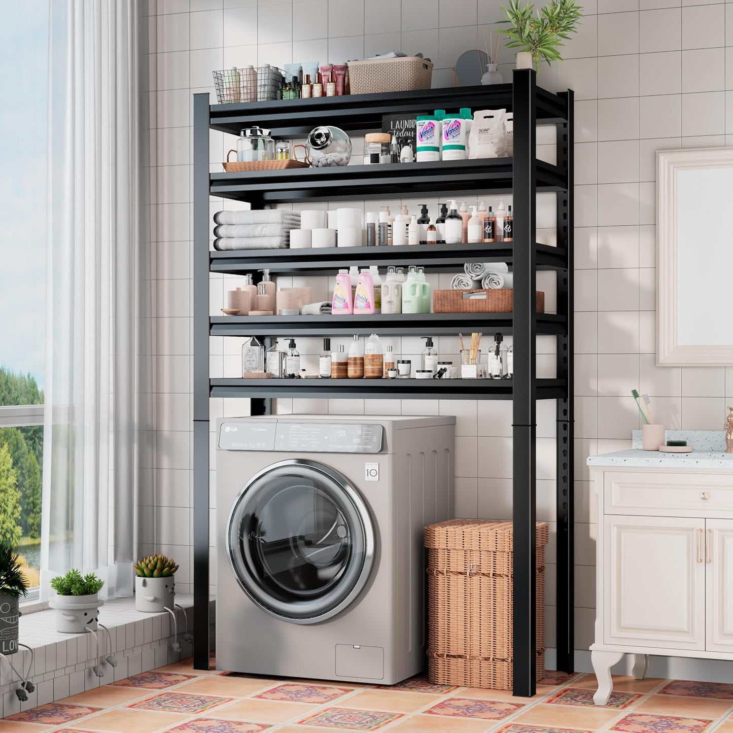 Over Washer and Dryer Shelves, Laundry Room Shelves Adjustable Metal Heavy Duty Freestanding Storage Shelves, Washing Machine Rack for Organization and Storage, Black (Black, 63''H*35.43''W*11.81''D)