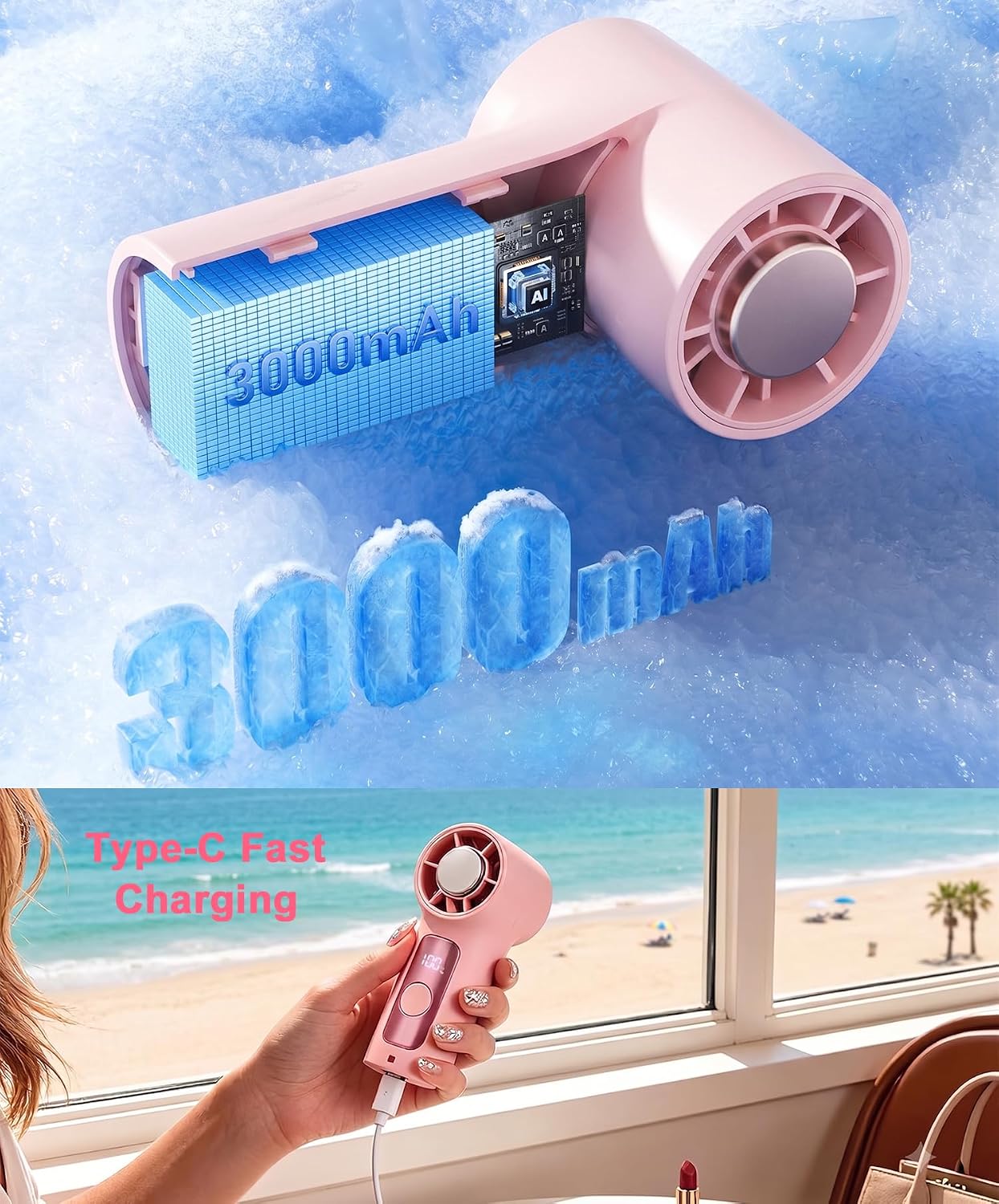 Portable Handheld Mini Fan with Ice Cooling Plate, Personal Clip On Turbo Fan Rechargeable, 18000 RPM 6 Speeds, 360° Detachable Clip, Pocket AC Fans Blow Cold Air for Beach Car Stroller Travel Makeup