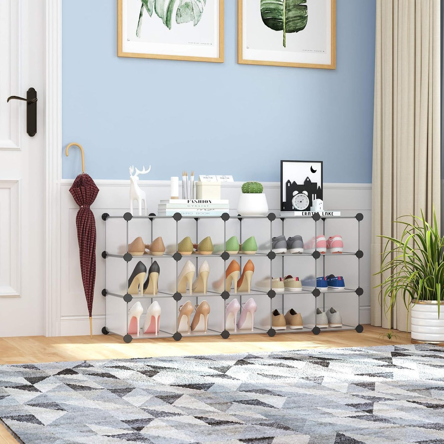 C&AHOME Plastic Shoe Rack,16-Cube Modular Shoes Storage Stand, Multifunction Closet Cabinet, Stackable Shoe Organizer Units for Bedroom Living Room Doorway, 36" L × 14.2" W × 28" H Black SRP15B