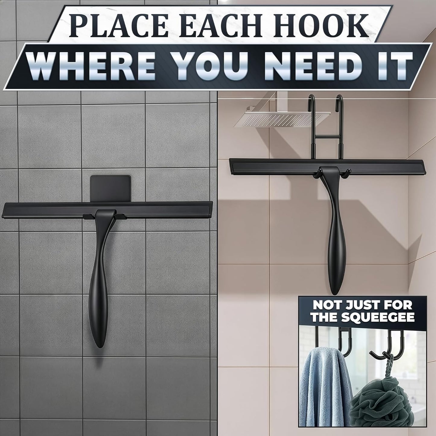 Shower Door Squeegee with Adhesive & Hanging Hooks, 12" Silicone Blade - Stainless Steel All-Purpose Squeegee for Shower Glass, Bathroom Mirror Cleaner Tool Suitable for Tile Walls - Multi-Surface Use
