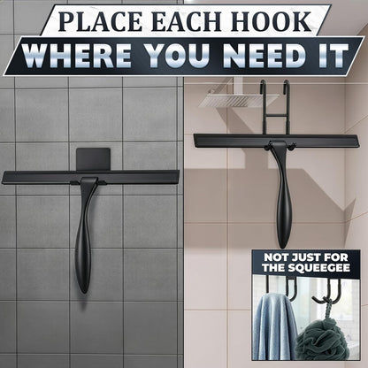 Shower Door Squeegee with Adhesive & Hanging Hooks, 12" Silicone Blade - Stainless Steel All-Purpose Squeegee for Shower Glass, Bathroom Mirror Cleaner Tool Suitable for Tile Walls - Multi-Surface Use