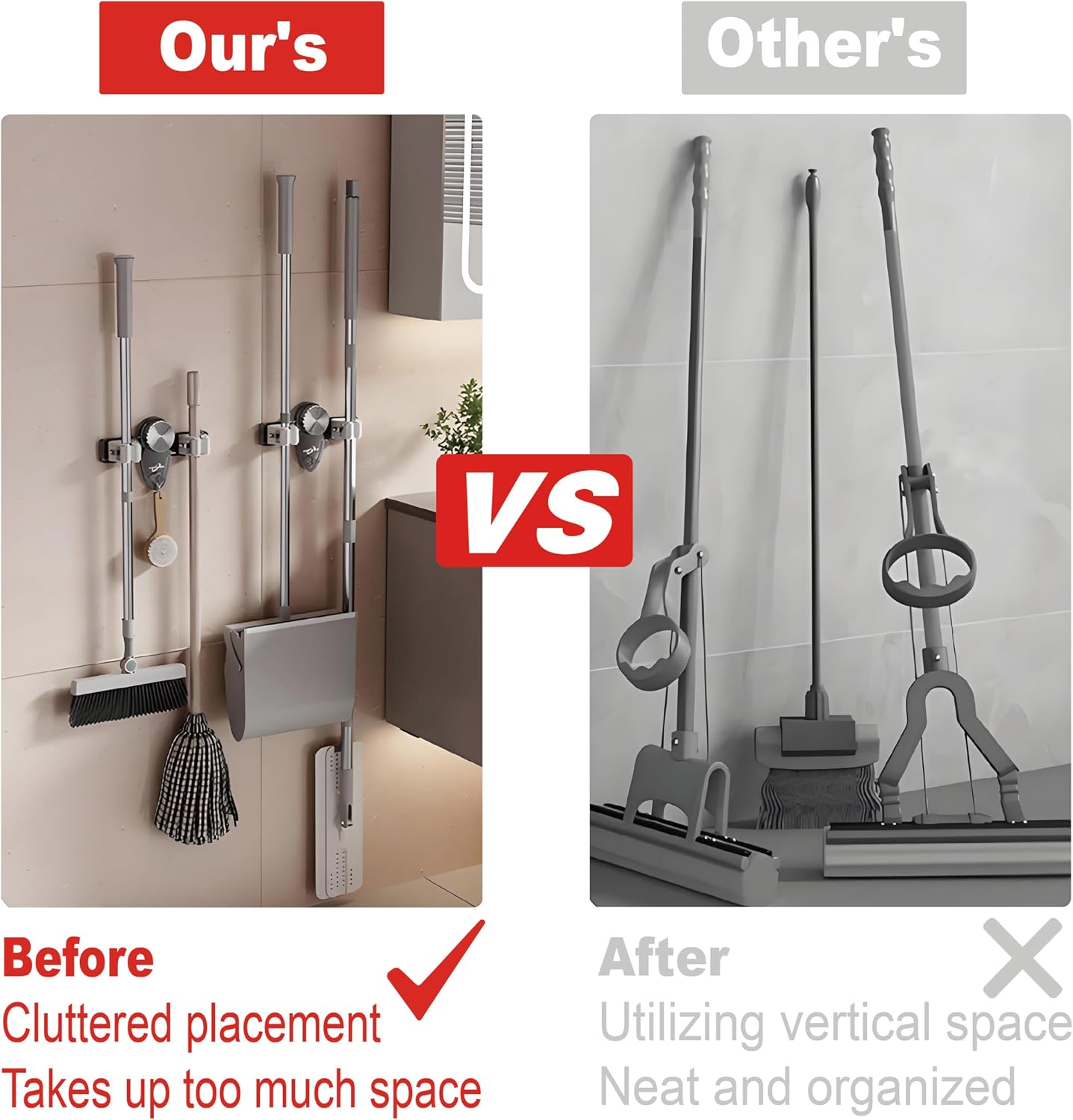 4 Pack Broom Holder Mop Hanger Wall Mount, No Drill Suction Cup Mop and Broom Organizer with Hooks, Space Saving Adjustable Rack Removable Mop Clip for Bathroom, Kitchen, Garage, Laundry Room