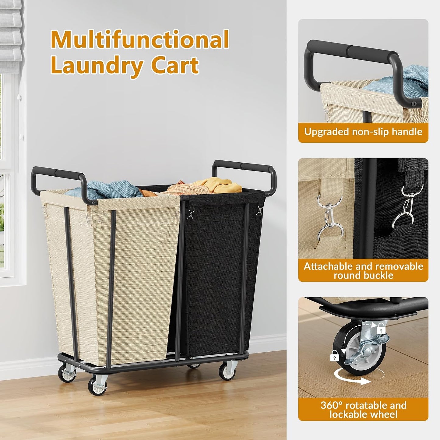 Gewudraw Large laundry hamper with Wheels, 3 Bag Big Rolling Laundry Hamper Sorter Cart, Extra Large Laundry Clothes Hamper, Heavy Duty Laundry Basket Organizer for Laundry Room,Bathroom,Black