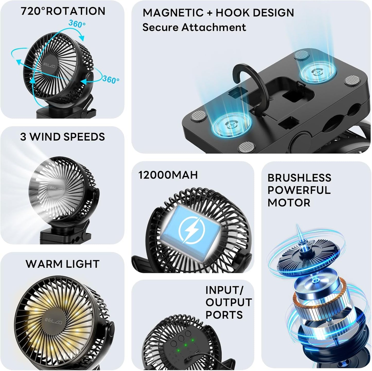 ELZO 12000mAh Clip on Fan, USB Desk Fan Rechargeable with LED Light & Hanging Hook & Magnetic (Black)