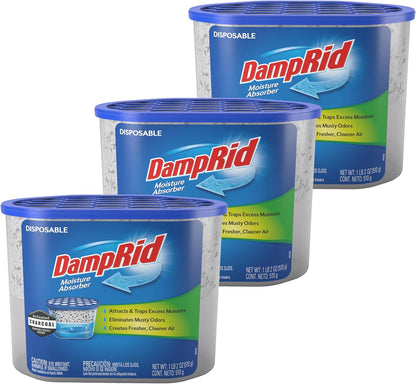 DampRid Fragrance Free Disposable Moisture Absorber with Activated Charcoal, 18 oz., 3 Pack, Moisture Absorber & Odor Remover, Lasts Up To 60 Days, No Electricity Required