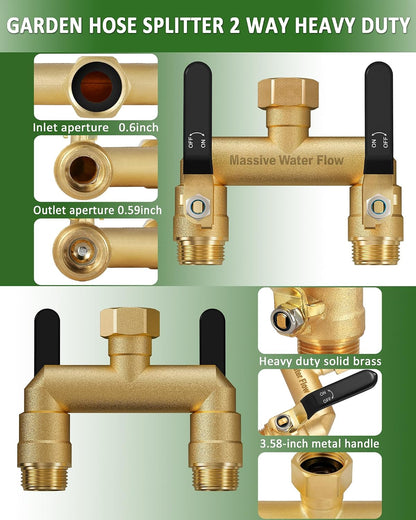 Hose Splitter 2 Way Heavy Duty, Full Flow Garden Hose Splitter with 2 Long Metal Handles, Brass Rust and Freeze Resistant Water Hose Bib Splitter, T Adapter Connector with 3/4 - Inch GHT Thread（Red）