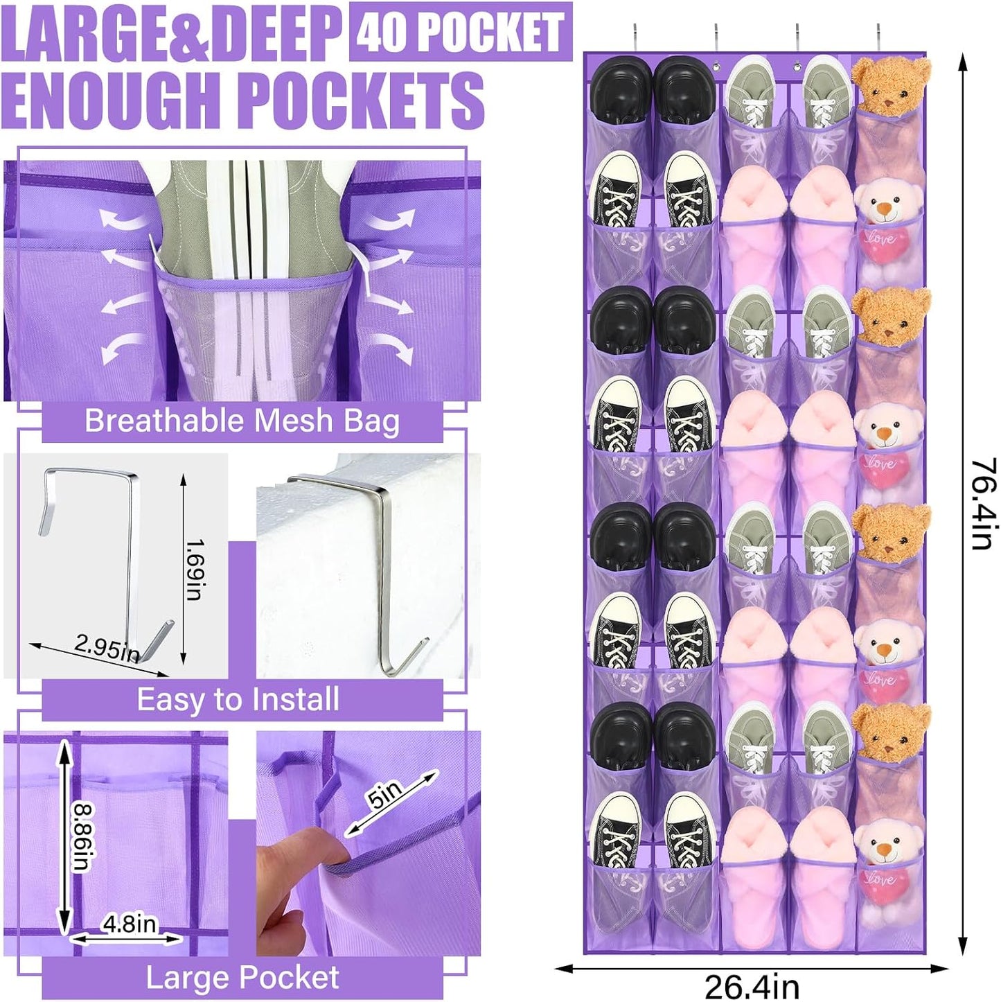Windyun 40 Over The Door Shoe Organizer, Large Mesh Pocket Hanging Shoe Rack Hanger Large Capacity Gray Behind The Door Storage Holder for Dorm College Closet Entryway Bedroom Utility Room Women Men