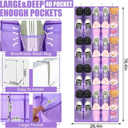 Windyun 40 Over The Door Shoe Organizer, Large Mesh Pocket Hanging Shoe Rack Hanger Large Capacity Gray Behind The Door Storage Holder for Dorm College Closet Entryway Bedroom Utility Room Women Men