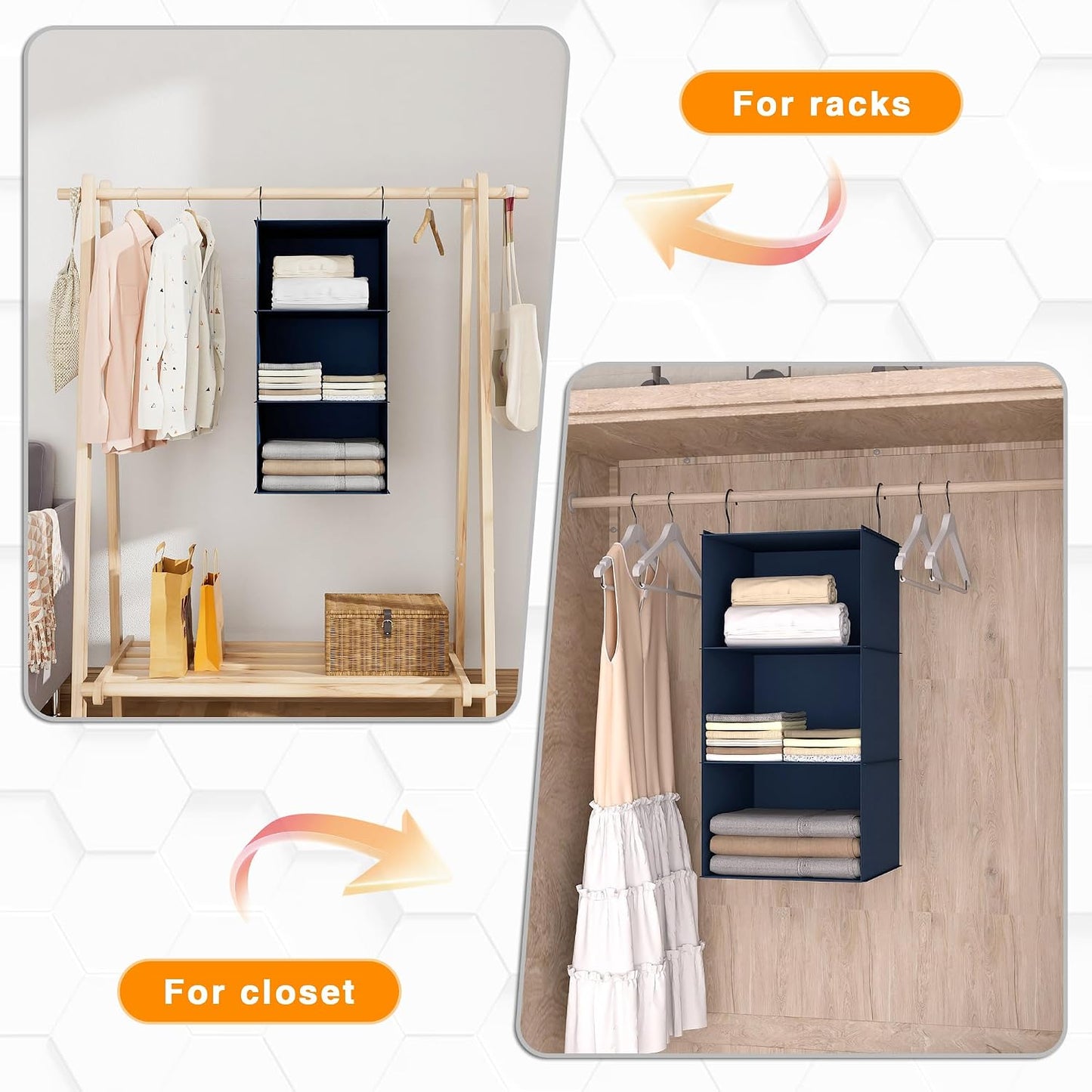 Hanging Closet Organizer 3-Shelf, Oxford Fabric Wardrobe Storage, Gray | Easy-mount foldable design holds clothes, handbags, shoes & accessories; washable Oxford fabric, sturdy and space-saving.