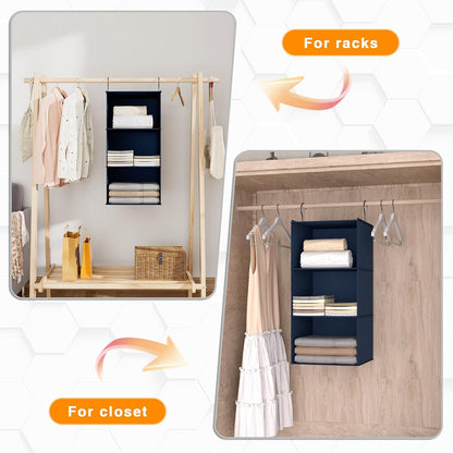 Hanging Closet Organizer 3-Shelf, Oxford Fabric Wardrobe Storage, Gray | Easy-mount foldable design holds clothes, handbags, shoes & accessories; washable Oxford fabric, sturdy and space-saving.