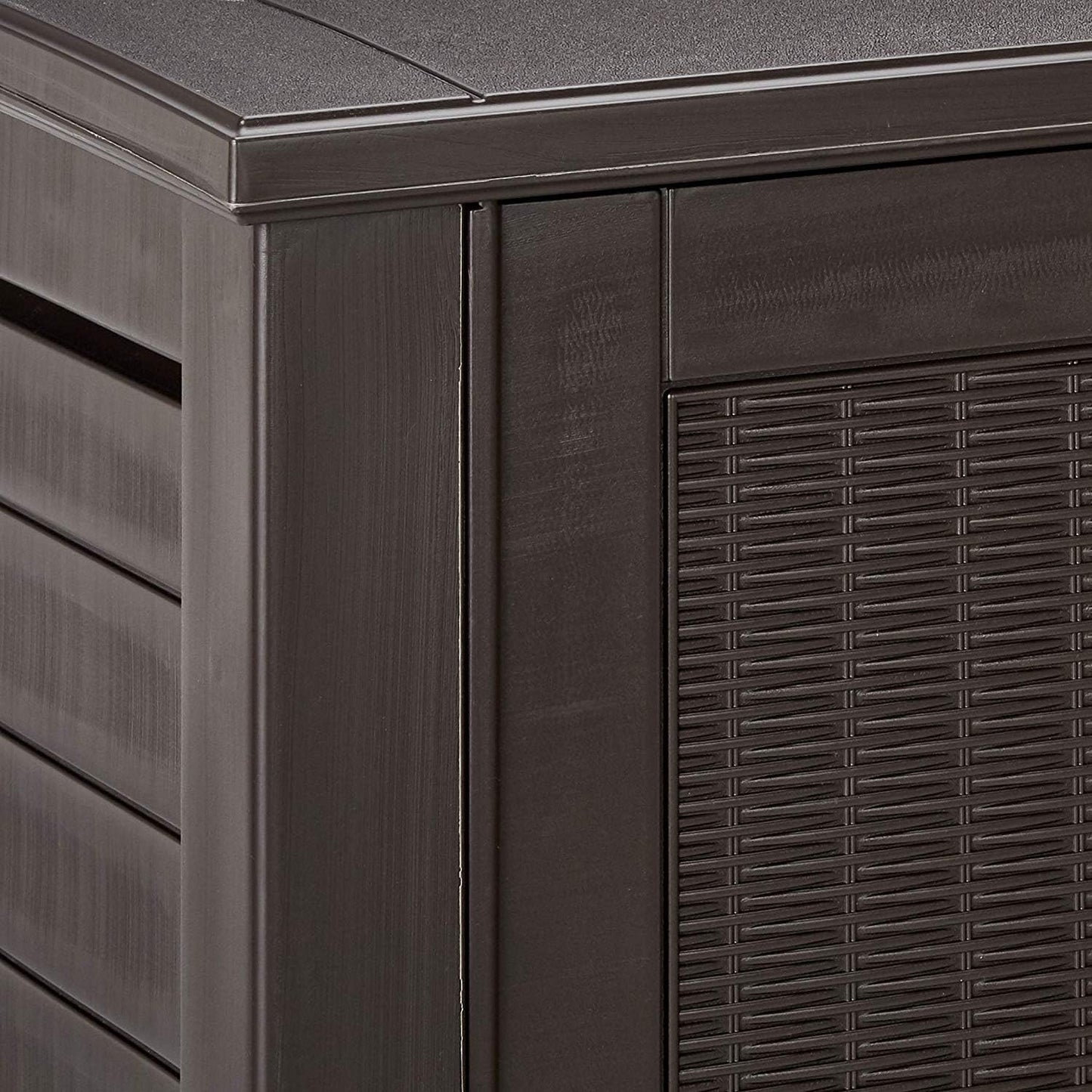 Rubbermaid Decorative Outdoor Storage Cabinet (123 Gal), Weather Resistant, Brown, Organization for Home/Backyard/Pool Chemicals/Toys/Garden Tools/Porch/Patio Cushions