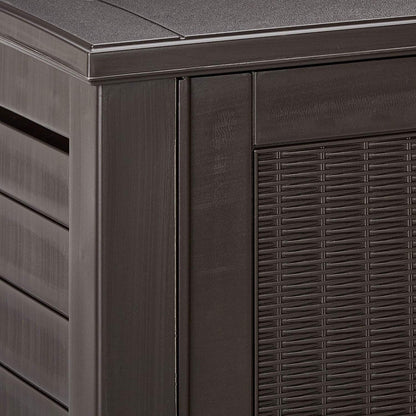 Rubbermaid Decorative Outdoor Storage Cabinet (123 Gal), Weather Resistant, Brown, Organization for Home/Backyard/Pool Chemicals/Toys/Garden Tools/Porch/Patio Cushions