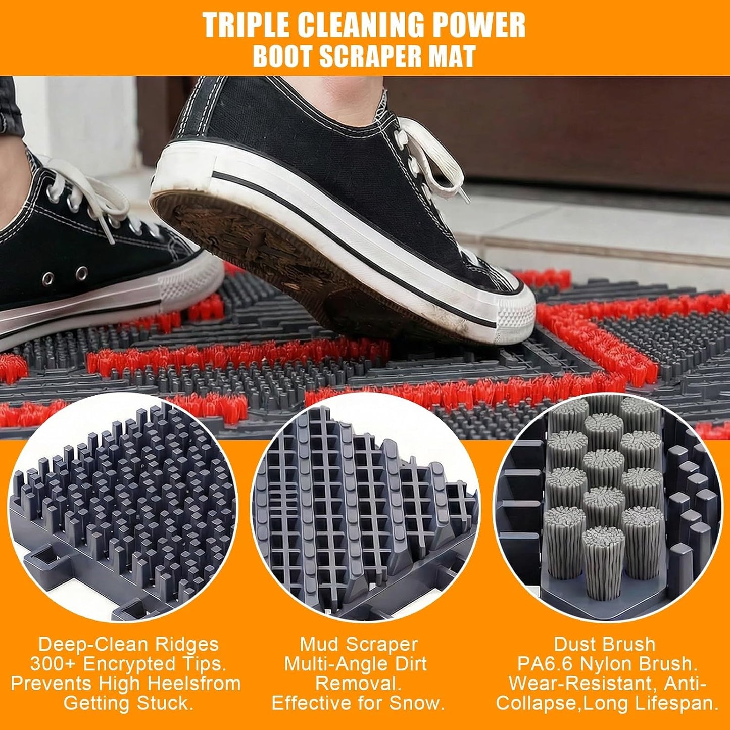 Heavy Duty Outdoor Door Mat with Drainage Holes, All-Weather EVA Boot Scraper Mat, Interlocking Floor Tiles, Non-Slip Waterproof Entrance Mat for Front Door Garage Porch(Gray+Gray,75x150cm)