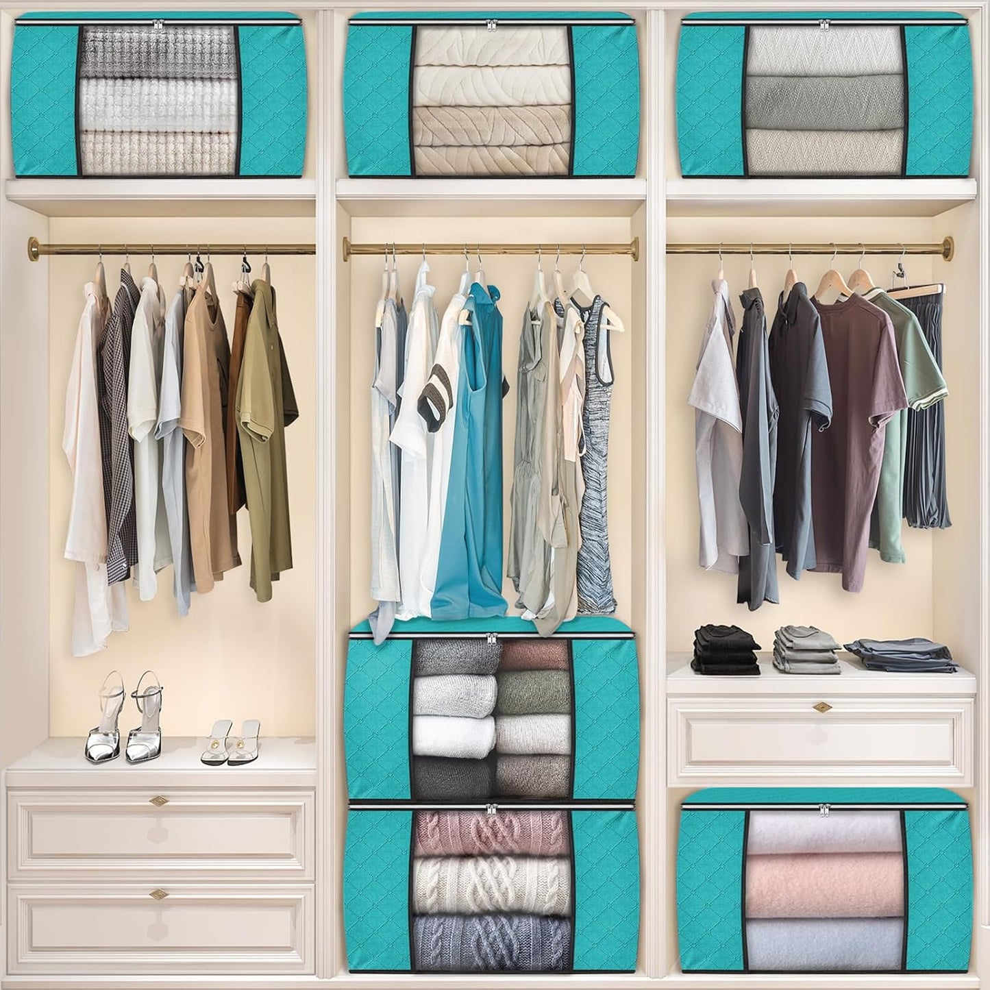 Fab totes 6 Pack Storage Bags for Clothes and Blanket, Foldable Closet Organizers and Storage with Zippers, Clear Window and Handles, Fabric Storage Bins for Sweater, Comforter, Bedding,Linen Sheets