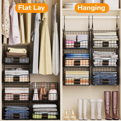 Hanging Closet Organizers and Storage, 3 Tier Closet Shelf Clothes Organizer with 2 S-Hooks, Multi-Functional Iron Wire Baskets, for Clothing, Sweaters, Handbags, Hat, Canned