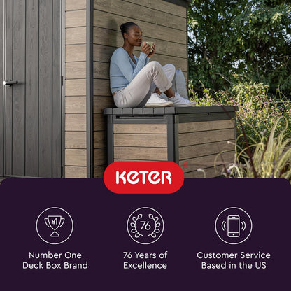 Keter Signature Everwood 30 Gallon Resin Outdoor Storage Box and Patio Furniture Side Table for Pool and Garden Accessories, Walnut