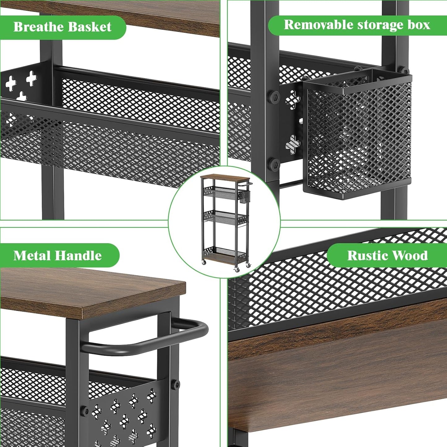 4 Tier Slim Rolling Storage Cart, Laundry Room Cart on Wheels, Small Metal Bathroom Cart Kitchen Organizer Trolley with Handle and Mesh Basket, 7.1 inch Width for Narrow Space, Black