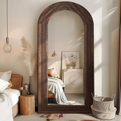 ZHUNFA Arched Full Length Mirror with Solid Wood Frame | 65x22 Farmhouse Wall Mirror Full Length with Stand, Vertical Hanging, Leaning Standing for Bedroom,Living Room, Rustic White