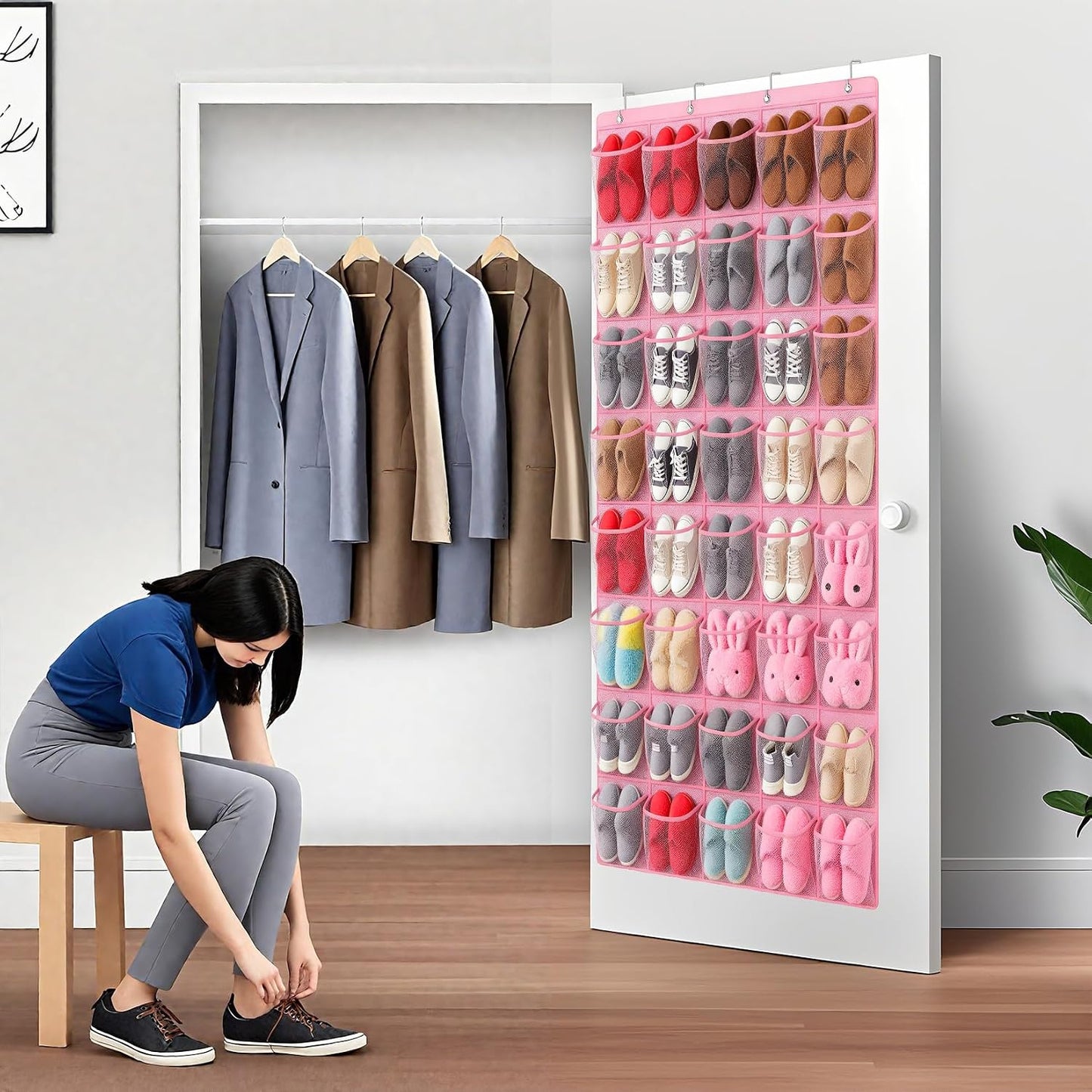 40 Large Mesh Pocket Over the Door Shoe Organizer,Hanging Shoe Rack for Door,Hualleko Shoes Organizer Hanger with Large Capacity, Shoes Storage Holder Sturdy Non-woven Fabric - Stores 20 Pairs (White)
