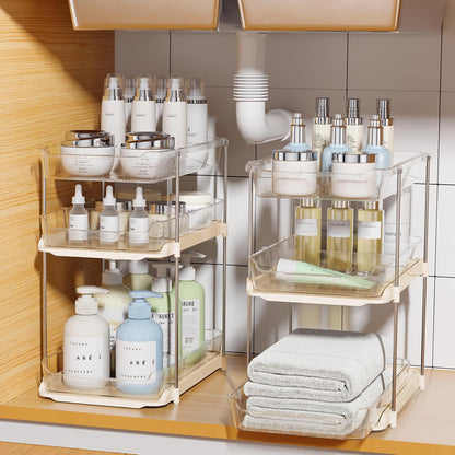 Delamu 2 Sets of 3-Tier Bathroom Under Sink Organizers and Storage, Multi-Purpose Stackable Pantry Organization and Storage, Pull Out Clear Kitchen Bathroom Cabinet Organizer with Movable Dividers | Storage