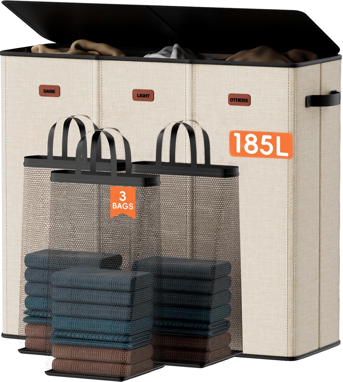 185L Laundry Hamper 3 Section, Laundry Hamper with Lid, Dirty Clothes Hamper with 3 Removable Washing Bags, Extra Large Laundry Basket Organizer for Bedroom, Laundry Room, Dorm - Black