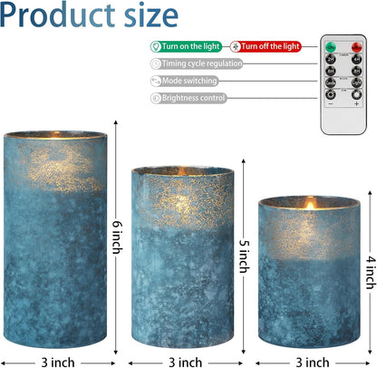 Blue Flameless Candles with Remote, Real Wax Glass Battery Operated Candles with Timer, LED Pillar Candle for Bedroom Home Wedding Birthday Party Fall Halloween Christmas Decorations, Set of 3