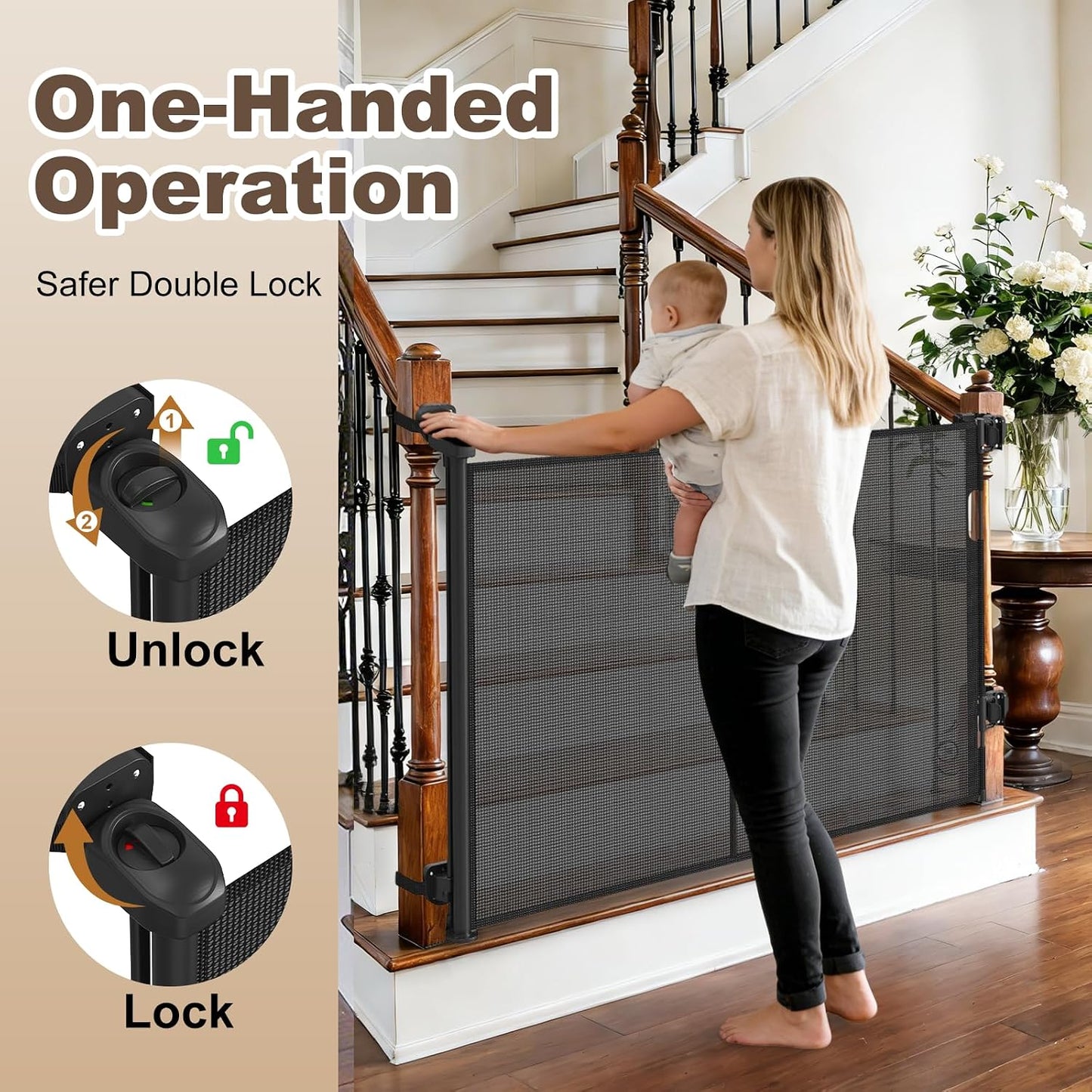 Upgraded Retractable Baby Gates for Stairs & Banister, Mesh Dog Gate Indoor, Extends to 55" Wide 33" Tall, Child Safety Gate for Stairway, Banister & Wall Mount (White)