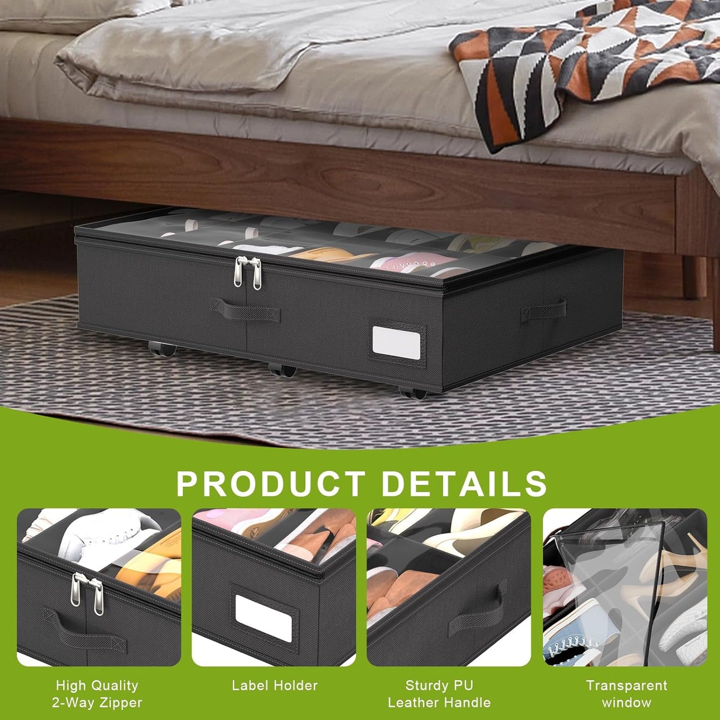 homyfort Under Bed Shoe Storage with Wheels, Fits 24 Pairs, Rolling Shoe Organizer with Bottom Support & Clear Lids, Sturdy Under Bed Storage Box for Shoes, Set of 2, Grey