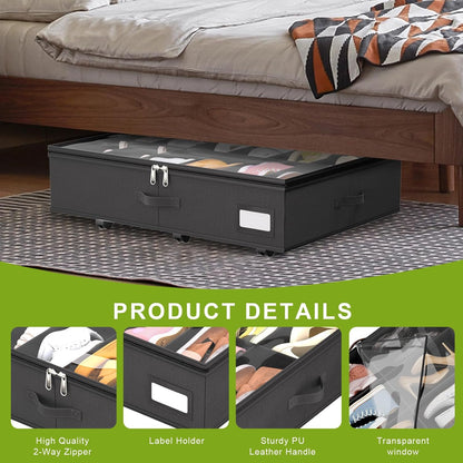 homyfort Under Bed Shoe Storage with Wheels, Fits 24 Pairs, Rolling Shoe Organizer with Bottom Support & Clear Lids, Sturdy Under Bed Storage Box for Shoes, Set of 2, Grey