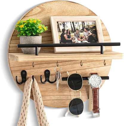 dreampossible Key Holder for Wall Decorative with Shelf and Hooks, Mail Organizer Wall Mount, Circular Design Entryway Key Rack Hanger, Rustic Home Decor (Black)