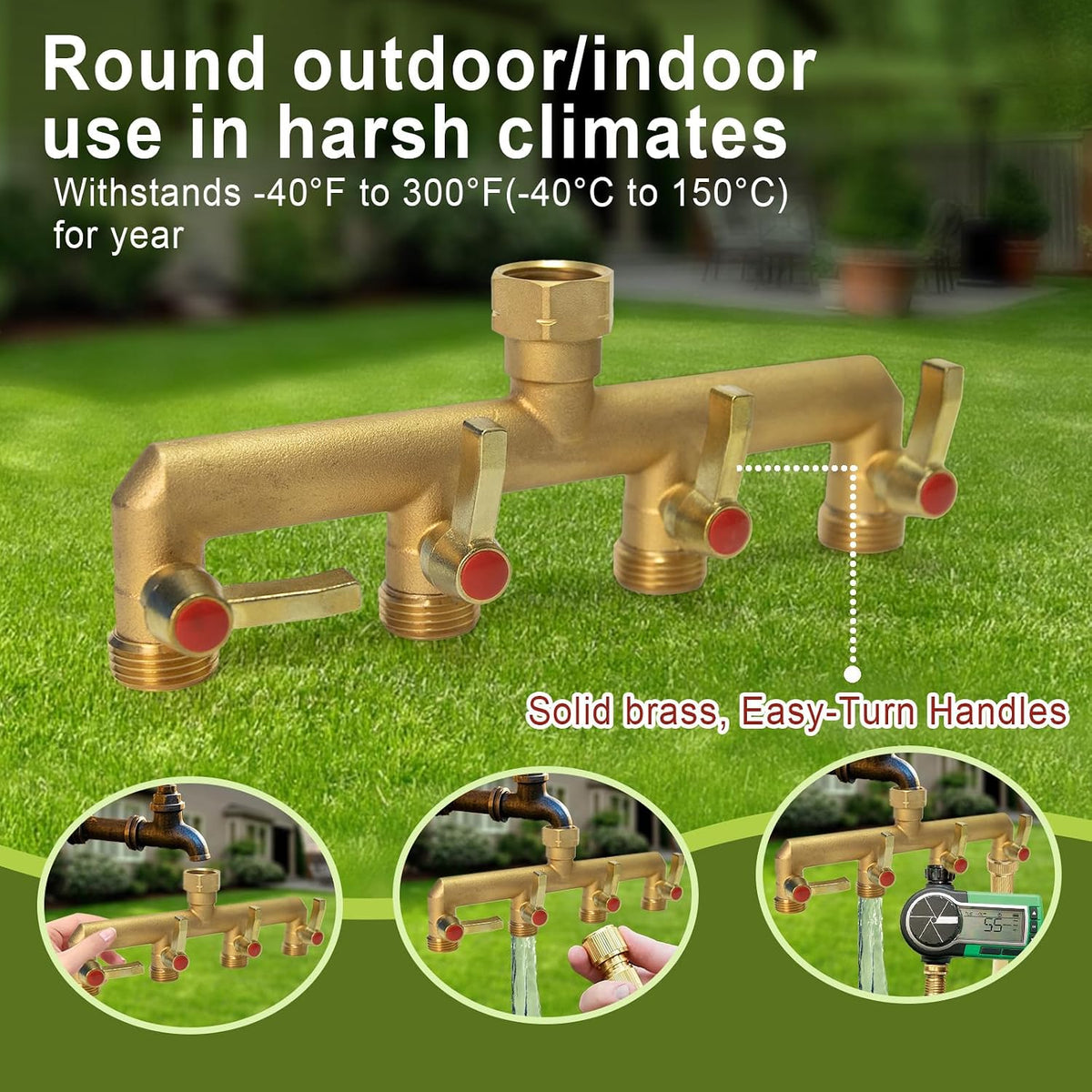 Brass Garden Hose Splitter 2/3/4 Way，Hose y Splitter with Shutoff，Heavy Duty Outdoor Faucet and Garden Connector，Extension Handles，3/4” GHT Threads