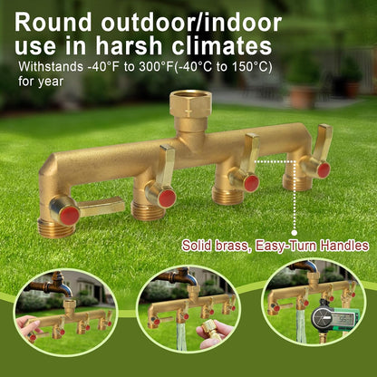Brass Garden Hose Splitter 2/3/4 Way，Hose y Splitter with Shutoff，Heavy Duty Outdoor Faucet and Garden Connector，Extension Handles，3/4” GHT Threads