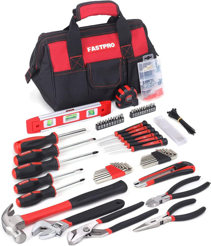 FASTPRO 215-Piece Home Repairing Tool Set with 12-Inch Wide Mouth Open Storage Bag, Household Hand Tool Kit,Red
