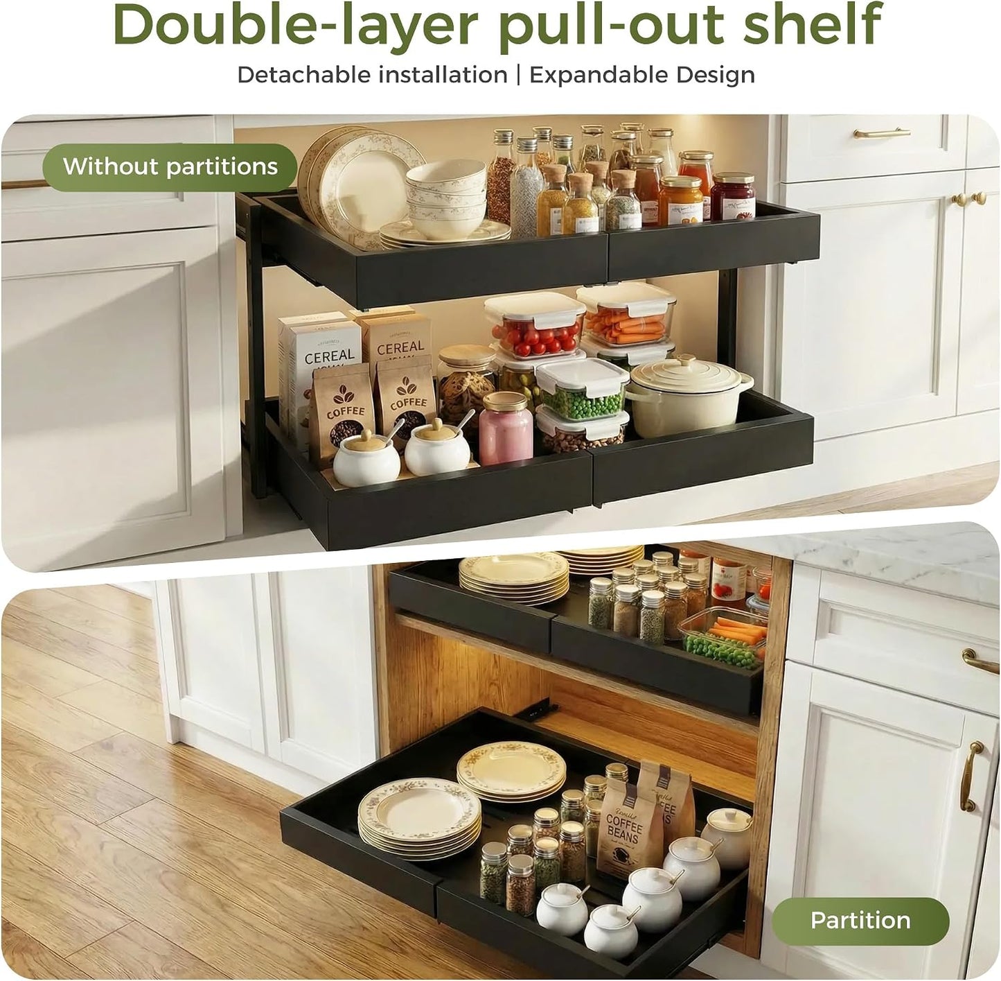 Abalter Expandable Pull Out Cabinet Organizer, 2-Tier Slide Out Drawer for Kitchen Cabinets, Adjustable Width 12–18.5", Slide Out Shelves for Kitchen, Bathroom, Pantry, Heavy Duty Caddy(White)