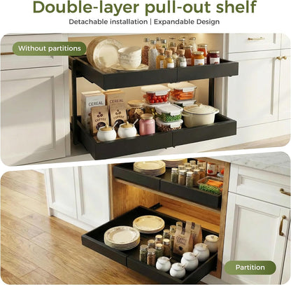 Abalter Expandable Pull Out Cabinet Organizer, 2-Tier Slide Out Drawer for Kitchen Cabinets, Adjustable Width 12–18.5", Slide Out Shelves for Kitchen, Bathroom, Pantry, Heavy Duty Caddy(White)