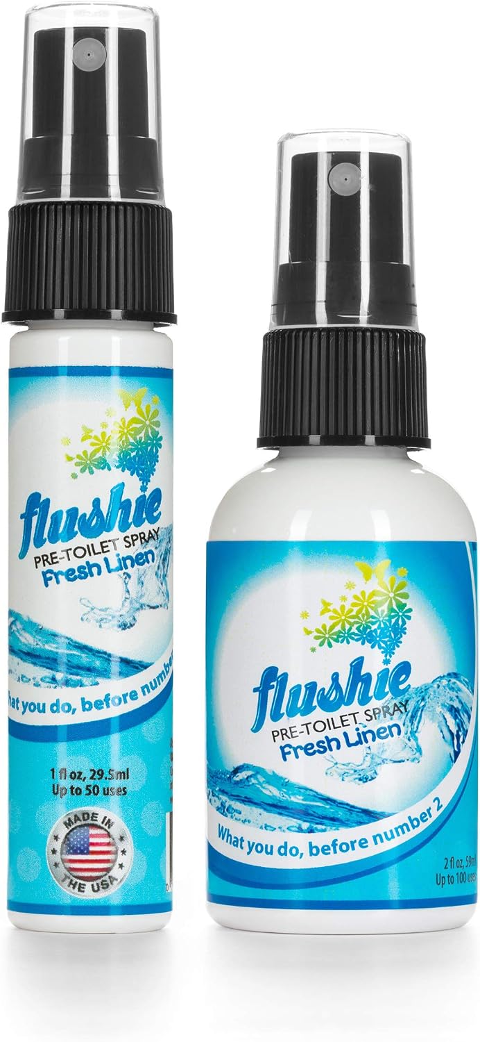 Flushie Pre-Toilet Spray Travel Size Toiletries Bathroom Spray for Toilet Deodorizer Traveling Essentials - Poop Odor Eliminator (Linen, 1oz 3pack)