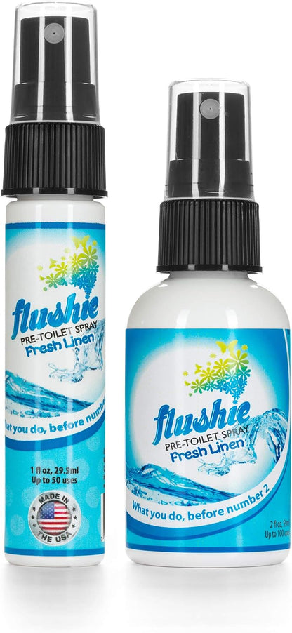 Flushie Pre-Toilet Spray Travel Size Toiletries Bathroom Spray for Toilet Deodorizer Traveling Essentials - Poop Odor Eliminator (Linen, 1oz 3pack)
