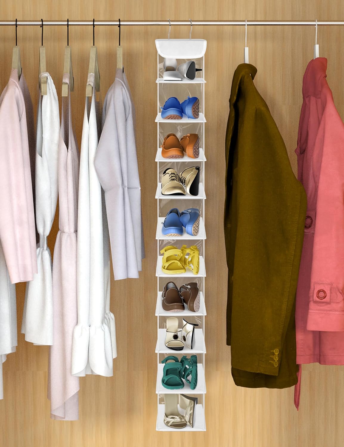 Libeder Hanging Shoe Organizer, 10-Shelf Closet Organizer with 6 Mesh Side Pockets