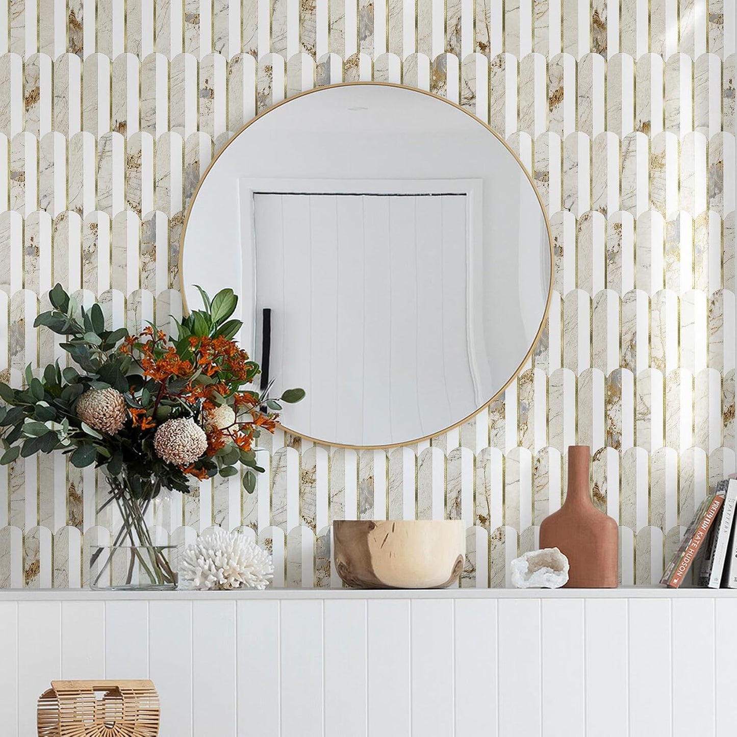 Vamos Peel and Stick Backsplash Seamless Tile for Kitchen and Bathroom,White and Beige Slate PVC Mixed Light Gold Self Adhesive Fish Scale Metal Mosaic Tiles (10 Sheets)