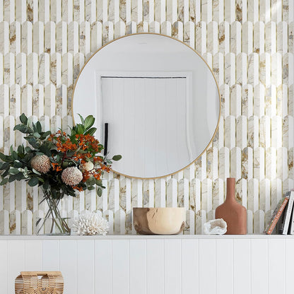 Vamos Peel and Stick Backsplash Seamless Tile for Kitchen and Bathroom,White and Beige Slate PVC Mixed Light Gold Self Adhesive Fish Scale Metal Mosaic Tiles (10 Sheets)